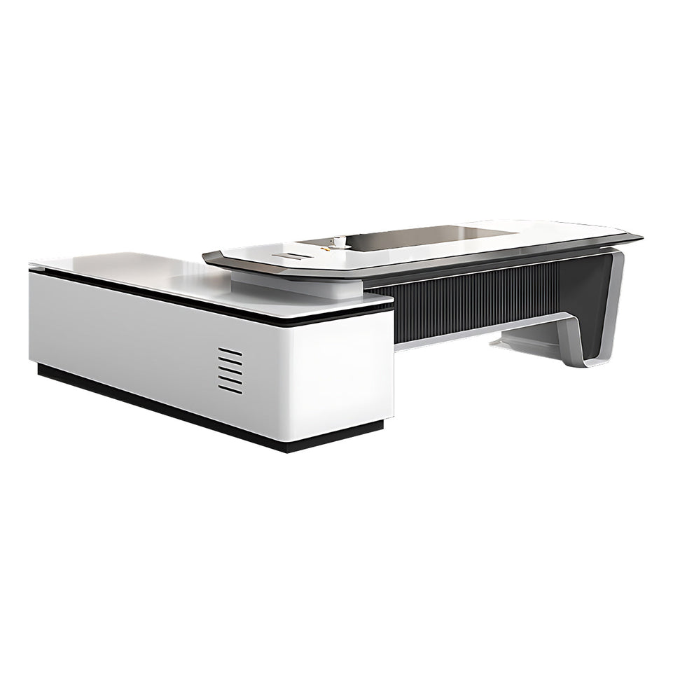 Modern Executive Desk 63–142 in Wide with Cable Management, File Drawers, LED Accent Lighting & Privacy Panel (In Stock)