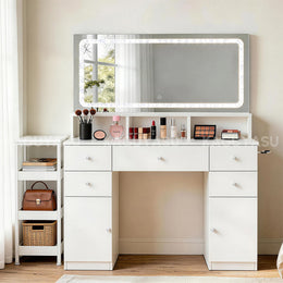 File Cabinet 55 in Tall with LED Mirror, File Drawers & Built-In Outlets for Office