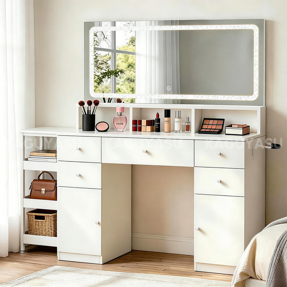 File Cabinet 55 in Tall with LED Mirror, File Drawers & Built-In Outlets for Office