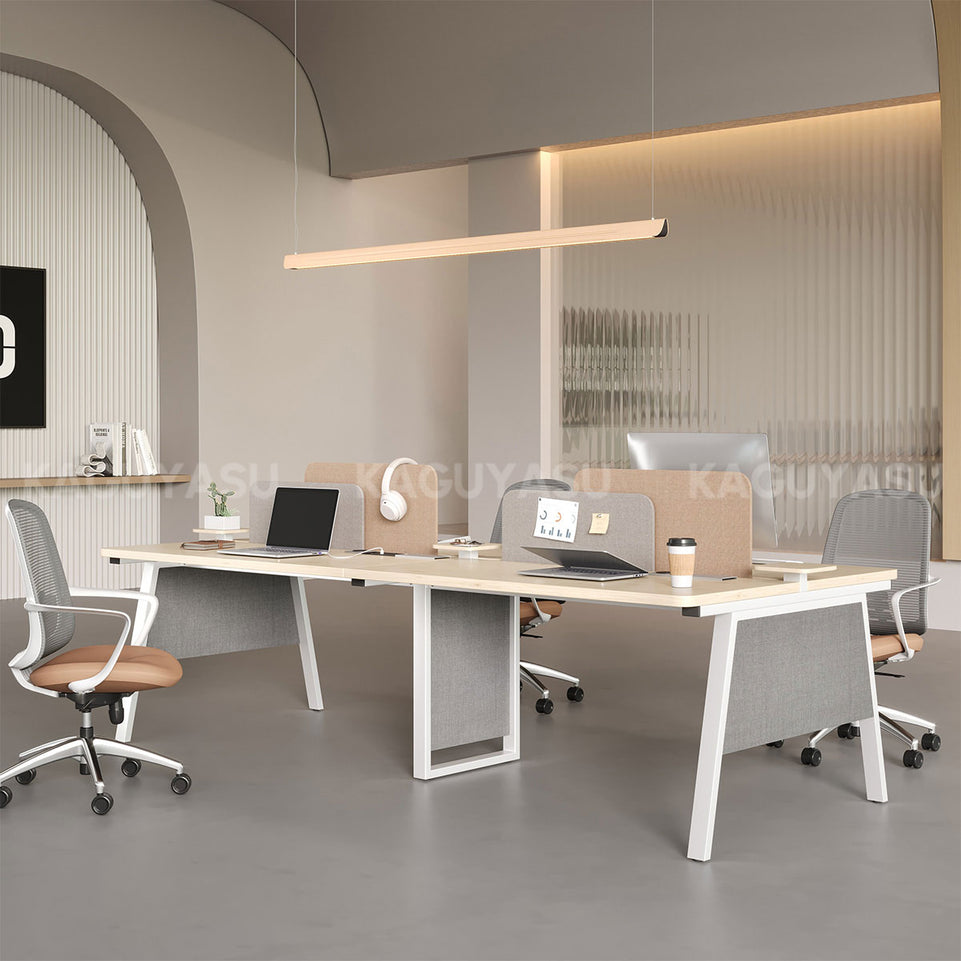 Professional 110" L 4-person Office Workstation Desk with Multifunctional Cable Box, Fabric Privacy Panels & Reinforced Fabric Panel Legs for Collaborative Workspaces
