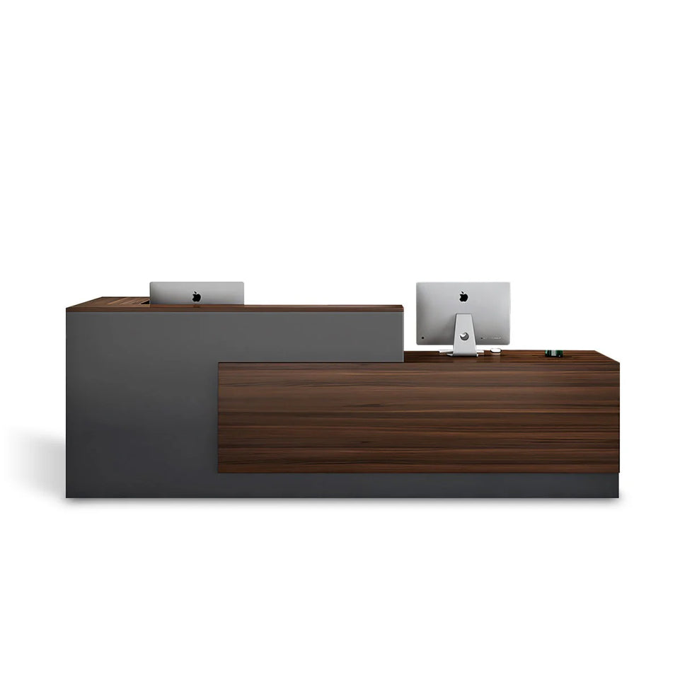 Color-Blocked L-Shaped Reception Desk with Keyboard Tray and Lockable Drawer for Offices and Hotels JDT-011-KC-W  (West Coast)