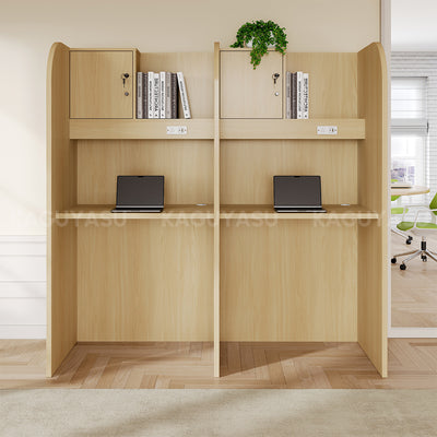 Two-Person Study Carrel Desk with Power Outlets, Cable Management, and Lockable Storage