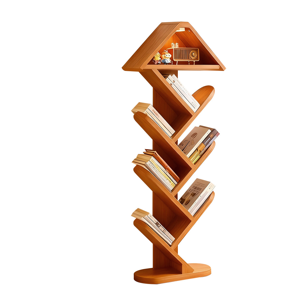 Elegant Solid Wood Tree-Shaped Bookshelf, Floor-Standing Corner Storage Rack, Slim Design, Wall-Aligned Modern Living Room Organizer CWG-2180