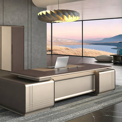 L-Shaped Desk with Built-In Outlets, Cable Management & LED Lighting