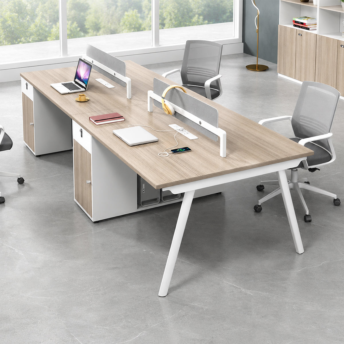 Modern Office Workstation Desk with Fabric Acoustic Privacy Panel, Adjustable Leveling Feet, Built-in Power Outlets & Large Storage Cabinet for 4–6 Person Workspaces