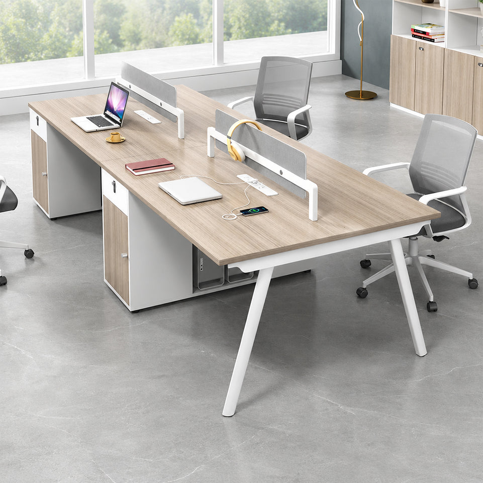 Modern Office Workstation Desk with Fabric Acoustic Privacy Panel, Adjustable Leveling Feet, Built-in Power Outlets & Large Storage Cabinet for 4–6 Person Workspaces