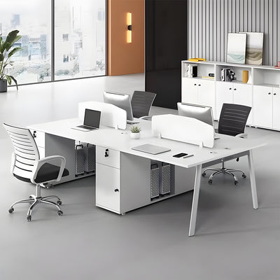 Modular Four-person Office Workstation Desk with Privacy Panel, Hidden Cable Management & Lockable Storage Cabinet for Team Workspaces