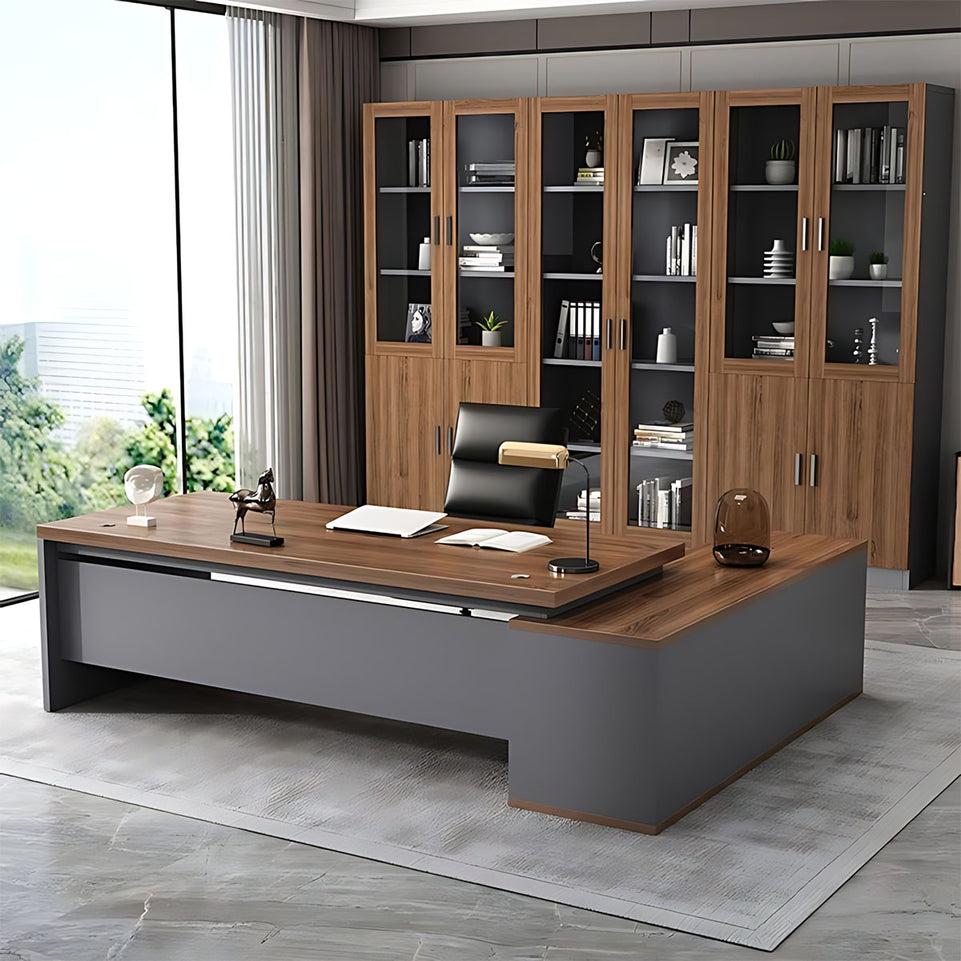 Elegant 55"–79" L Executive Desk with Thick Durable Desktop, Precision Edge Banding, Smart Cable Management, Large Storage Cabinet for Professional Offices