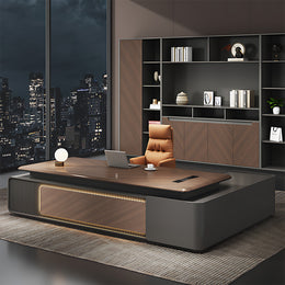 Elegant Executive Desk with Dual Desktop Options, Multimedia Cable Box, Front Panel Design & Double-side Storage Cabinets for Professional Workspaces (71–126" L)