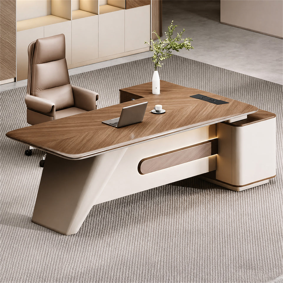 Refined 71"–102" L Executive Desk with Dual Desktop Options, Hidden Multimedia Outlet, Curved Privacy Panel & Lockable Storage Cabinet for Professional Offices