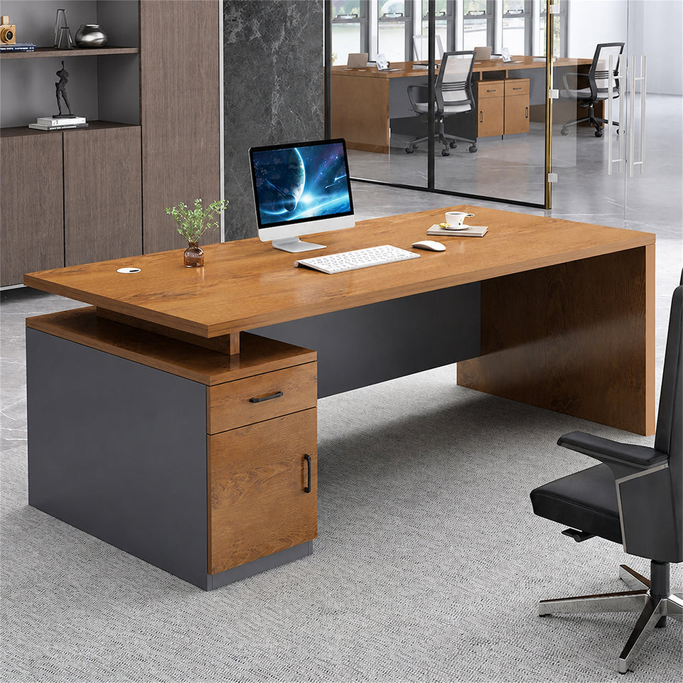Contemporary 47"–71" L Executive Desk with Thick Durable Desktop, Cable Management System, Privacy Front Panel & Large Storage Cabinet for Professional Workspaces