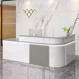 Sophisticated Reception Desk with Dual-level Countertop, Rounded Corners, Silent Keyboard Tray & Lockable Storage Cabinet for Education & Salon Spaces (47-157" L)