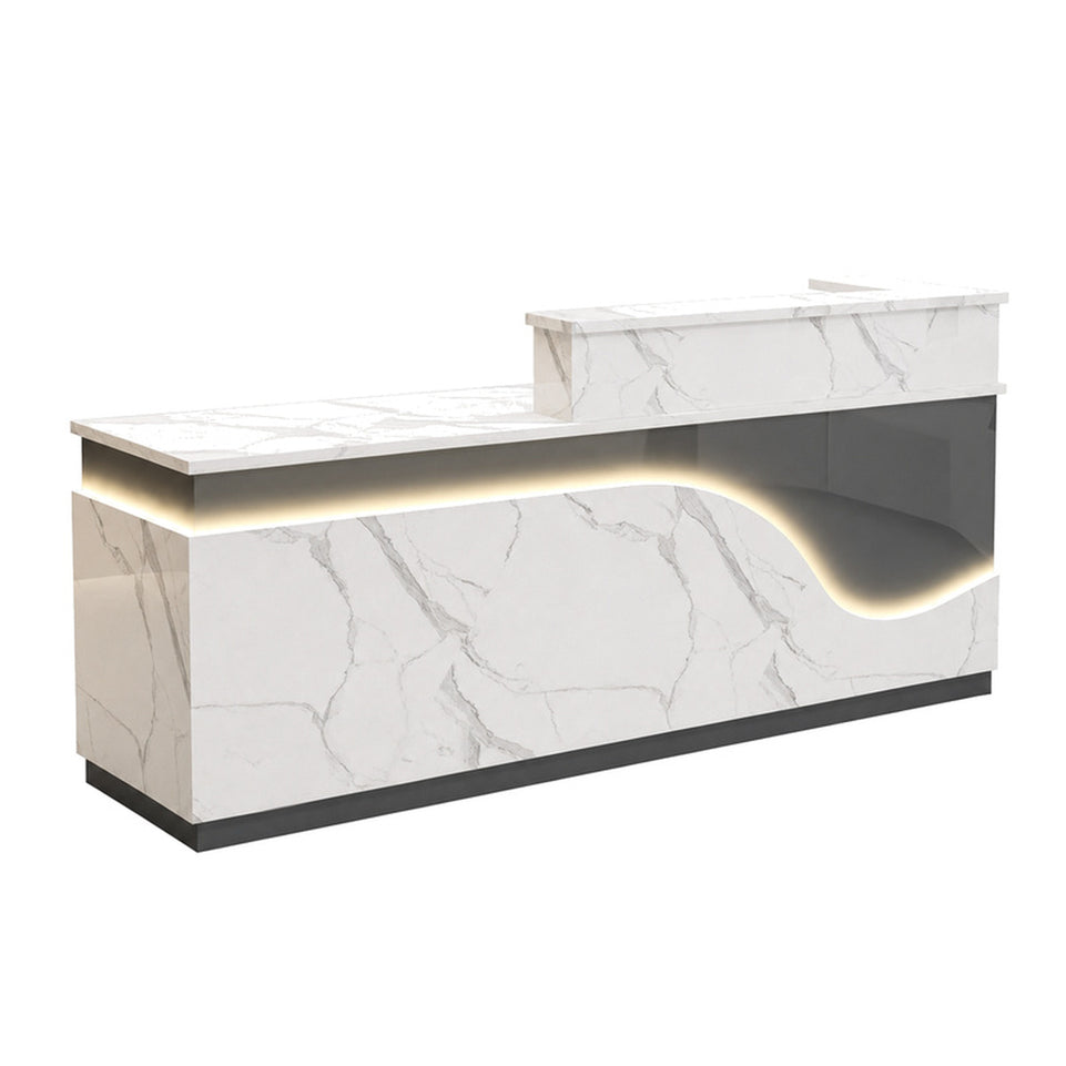 Stylish Reception Desk with Dual-level Countertop, LED Ambient Lighting, Cable Grommet & Lockable Storage Drawer for Commercial Spaces (47–118" L)