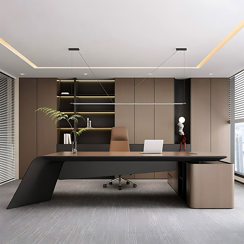 Premium Executive Desk with Double-layer Thick Desktop, Natural Wood Grain Finish, Dual-side Cable Box & Storage Cabinet for Professional Workspaces (71–126" L)