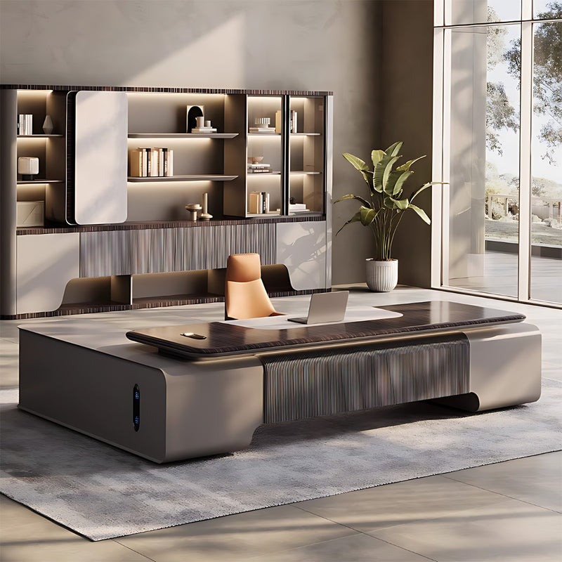 Modern 94"–138" L Executive Desk with Eco-friendly Material, Hidden Rotating Power Outlet, Dual-side Lockable Storage Cabinets for Executive Offices