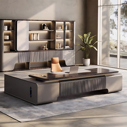 Modern 94"–138" L Executive Desk with Eco-friendly Material, Hidden Rotating Power Outlet, Dual-side Lockable Storage Cabinets for Executive Offices