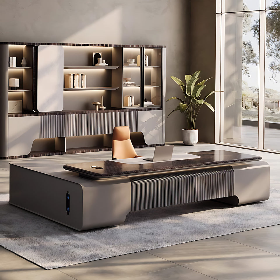 Modern 94"–138" L Executive Desk with Eco-friendly Material, Hidden Rotating Power Outlet, Dual-side Lockable Storage Cabinets for Executive Offices