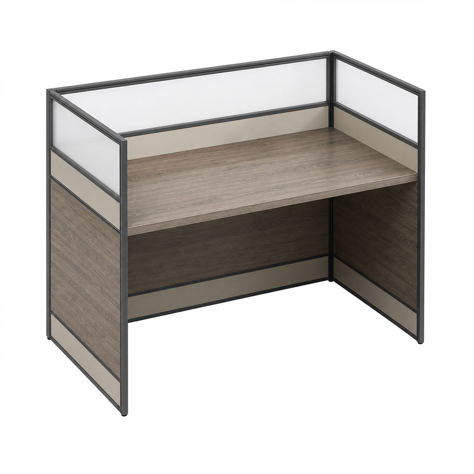 Modern Office Workstation Desk with 1" Thick Desktop, Frosted Privacy Panel, USB Ports & Mobile Pedestal Storage Cabinet