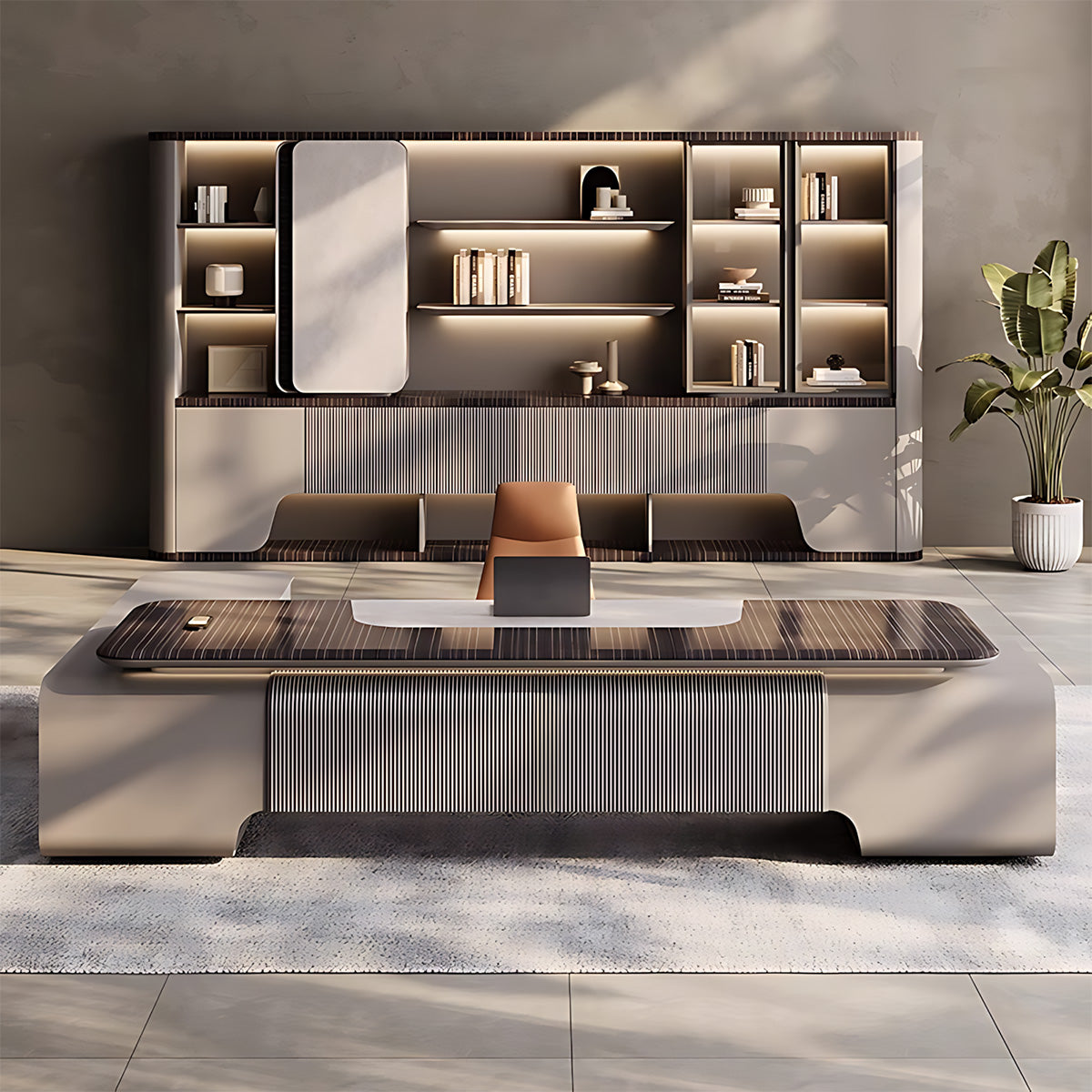 Modern 94"–138" L Executive Desk with Eco-friendly Material, Hidden Rotating Power Outlet, Dual-side Lockable Storage Cabinets for Executive Offices
