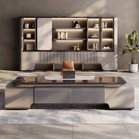 Modern 94"–138" L Executive Desk with Eco-friendly Material, Hidden Rotating Power Outlet, Dual-side Lockable Storage Cabinets for Executive Offices
