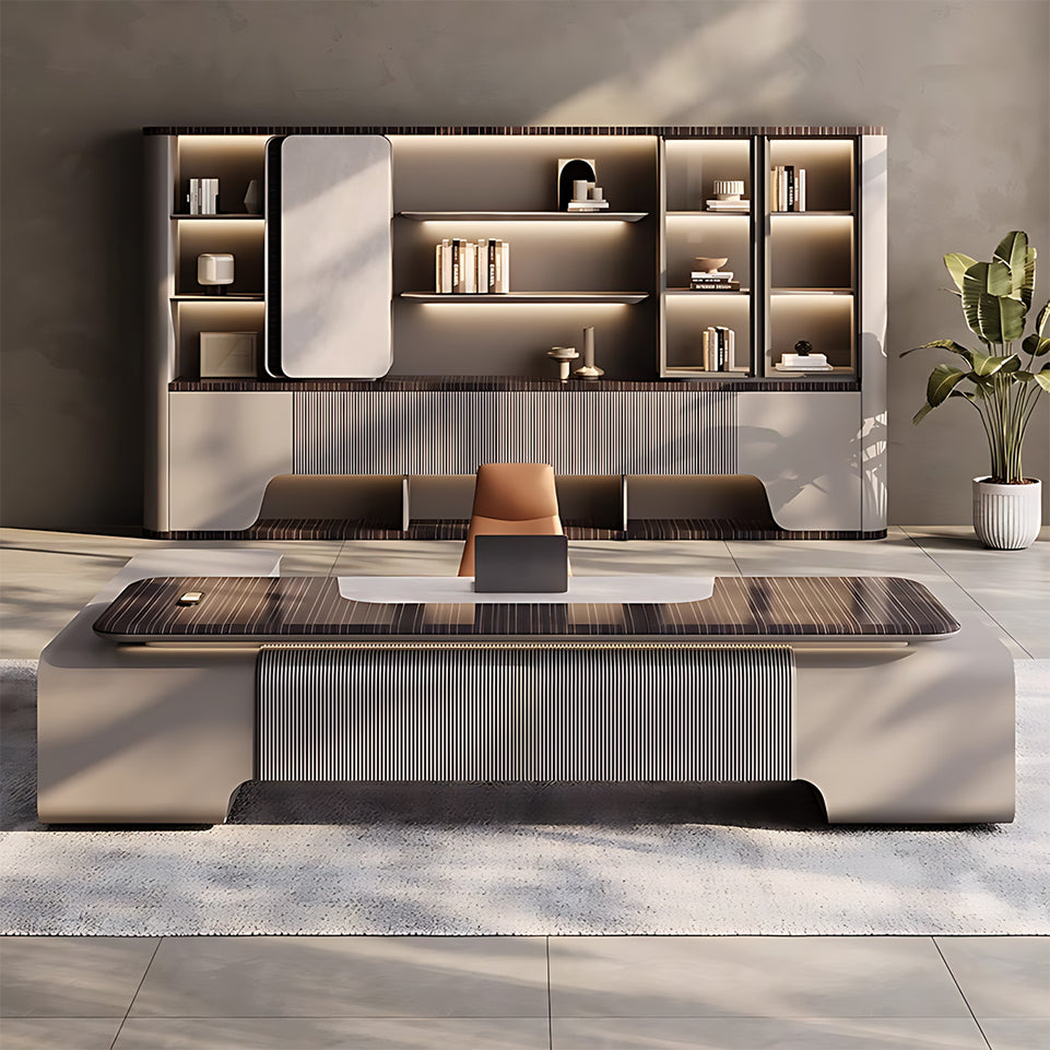 Modern 94"–138" L Executive Desk with Eco-friendly Material, Hidden Rotating Power Outlet, Dual-side Lockable Storage Cabinets for Executive Offices