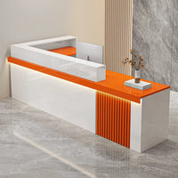 Modern Reception Desk with Dual-level Countertop, Wooden Slat Design, Cable Grommet & Lockable Storage Cabinet for Retail & Hospitality Spaces (47–157" L)