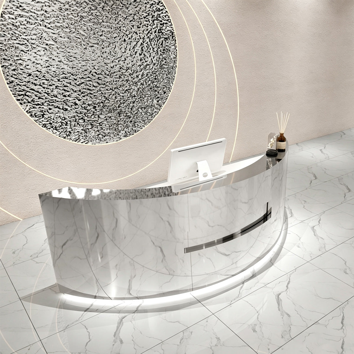 Premium Stainless Steel Reception Desk with Dual-level Countertop, Lockable Storage Cabinets, Silent Keyboard Tray & Vintage Drawer Handles for Modern Commercial Spaces