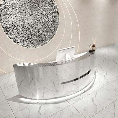 Premium Stainless Steel Reception Desk with Dual-level Countertop, Lockable Storage Cabinets, Silent Keyboard Tray & Vintage Drawer Handles for Modern Commercial Spaces