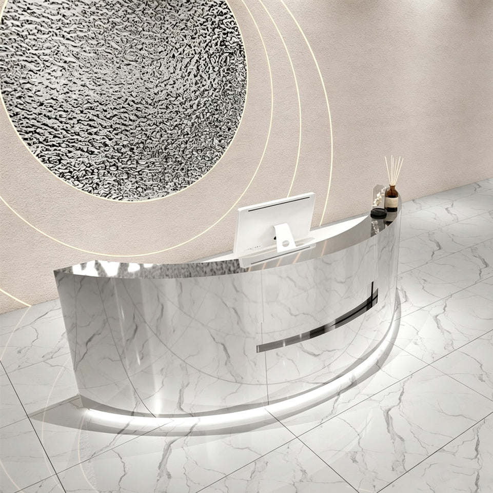 Premium Stainless Steel Reception Desk with Dual-level Countertop, Lockable Storage Cabinets, Silent Keyboard Tray & Vintage Drawer Handles for Modern Commercial Spaces