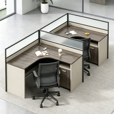 Modern Office Desk with 1" Thick Desktop, Frosted Privacy Panel, Integrated Cable Management & Mobile Storage Cabinet for Professional Workspaces