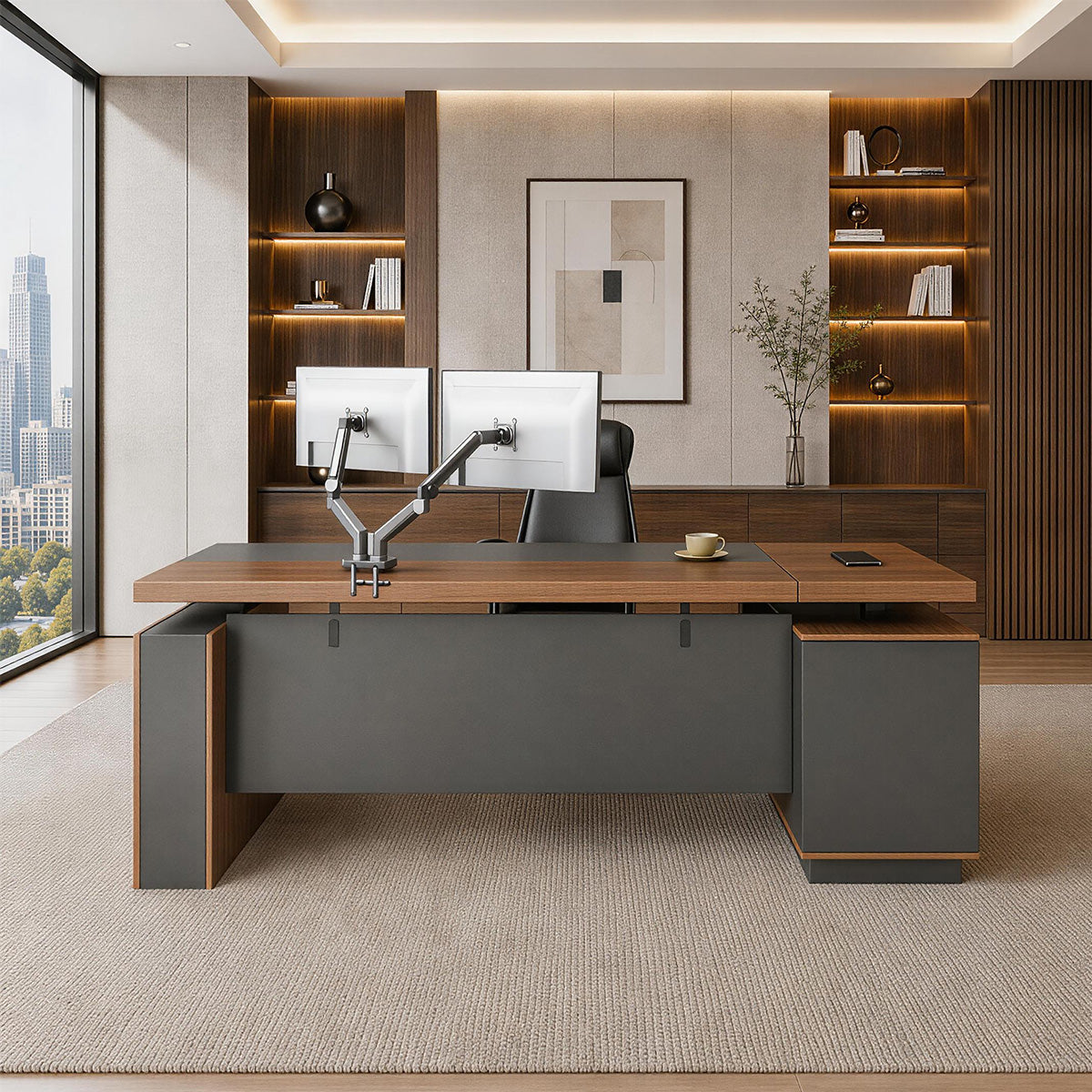 Height-Adjustable Executive Desk with Dual Motors, Power Hub, and Locking Storage(Stock Items)