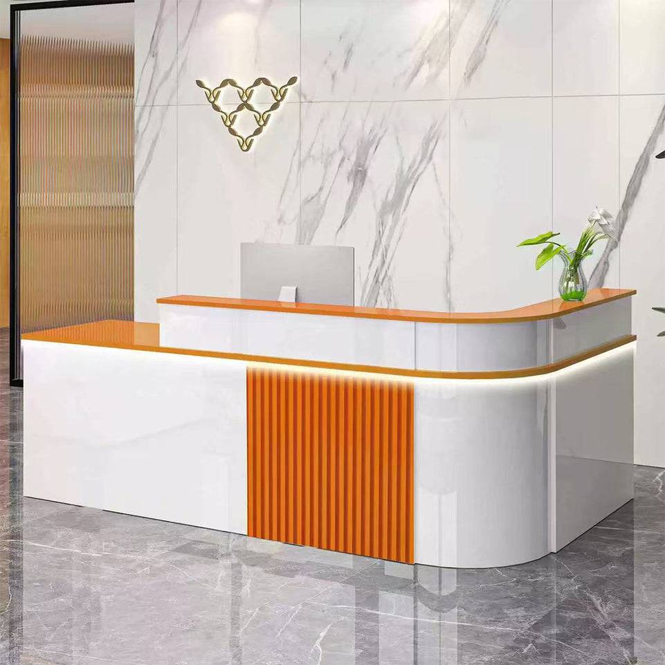 Sophisticated Reception Desk with Dual-level Countertop, Rounded Corners, Silent Keyboard Tray & Lockable Storage Cabinet for Education & Salon Spaces (47-157" L)