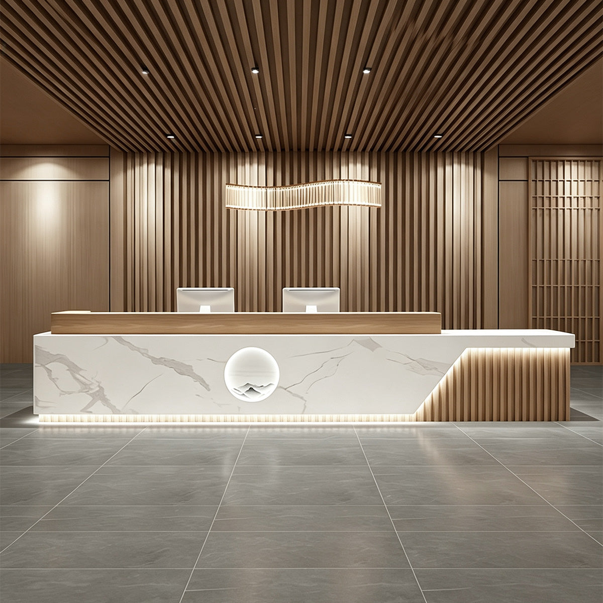 Elegant Reception Desk with Marble-look Finish, LED Lighting, Right-angle Design & Spacious Storage Cabinet for Salon & Retail Spaces (59–197 in. L)