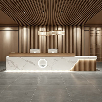 Elegant Reception Desk with Marble-look Finish, LED Lighting, Right-angle Design & Spacious Storage Cabinet for Salon & Retail Spaces (59–197 in. L)