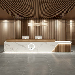 Elegant Reception Desk with Marble-look Finish, LED Lighting, Right-angle Design & Spacious Storage Cabinet for Salon & Retail Spaces (59–197 in. L)