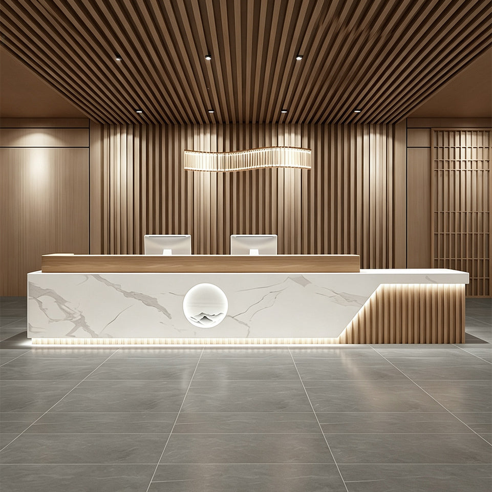 Elegant Reception Desk with Marble-look Finish, LED Lighting, Right-angle Design & Spacious Storage Cabinet for Salon & Retail Spaces (59–197 in. L)