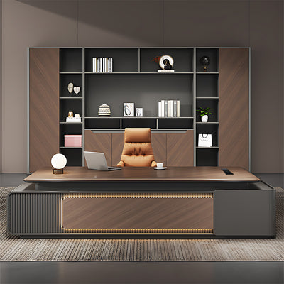 Elegant Executive Desk with Dual Desktop Options, Multimedia Cable Box, Front Panel Design & Double-side Storage Cabinets for Professional Workspaces (71–126" L)