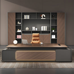 Elegant Executive Desk with Dual Desktop Options, Multimedia Cable Box, Front Panel Design & Double-side Storage Cabinets for Professional Workspaces (71–126" L)