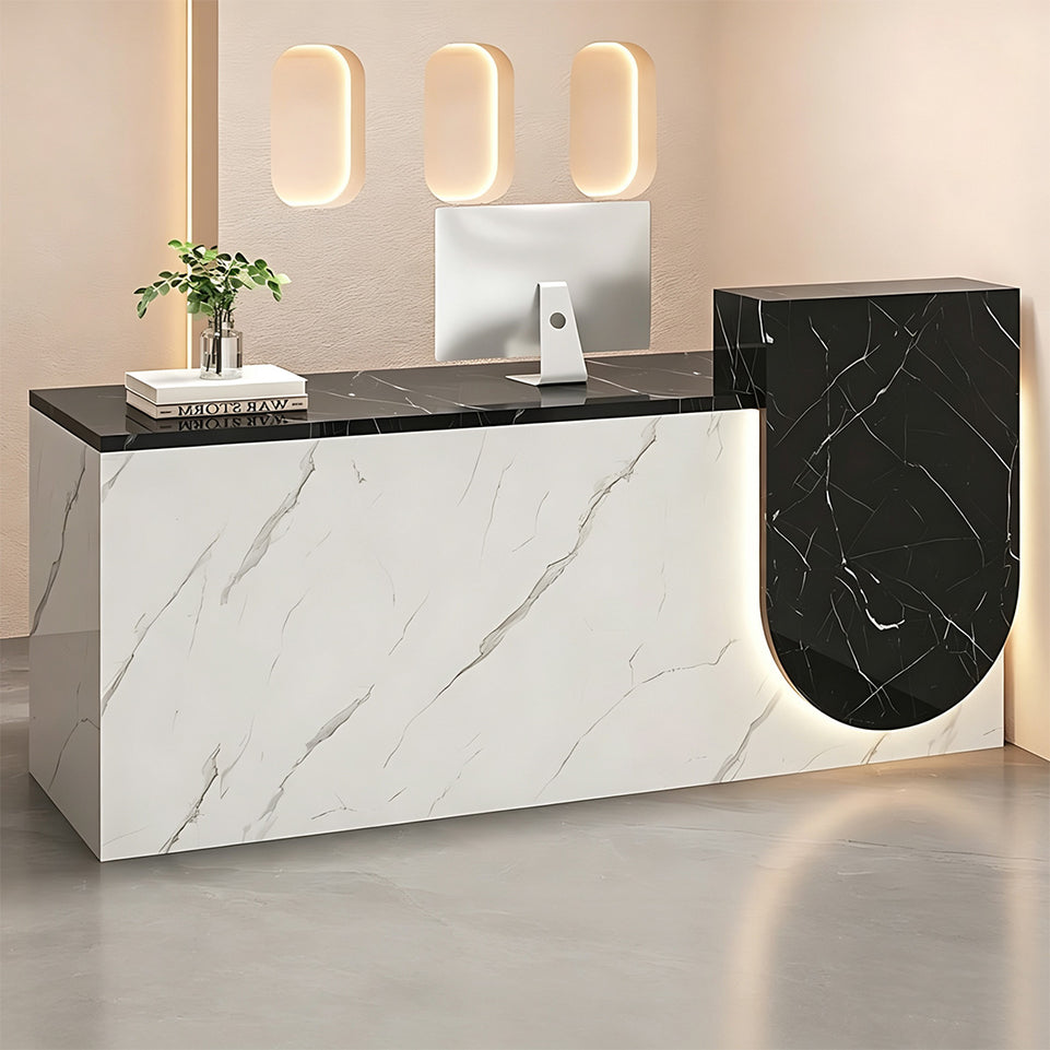 Durable Reception Desk with Cable Grommet Design, Silent Keyboard Tray & Lockable Storage Cabinet for Office, Salon & Retail Spaces (47–118" L)