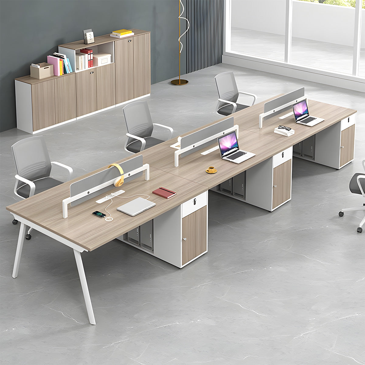Modern Office Workstation Desk with Fabric Acoustic Privacy Panel, Adjustable Leveling Feet, Built-in Power Outlets & Large Storage Cabinet for 4–6 Person Workspaces