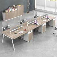 Modern Office Workstation Desk with Fabric Acoustic Privacy Panel, Adjustable Leveling Feet, Built-in Power Outlets & Large Storage Cabinet for 4–6 Person Workspaces