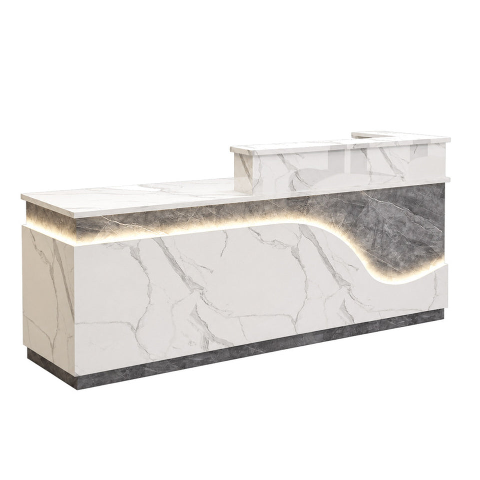 Stylish Reception Desk with Dual-level Countertop, LED Ambient Lighting, Cable Grommet & Lockable Storage Drawer for Commercial Spaces (47–118" L)