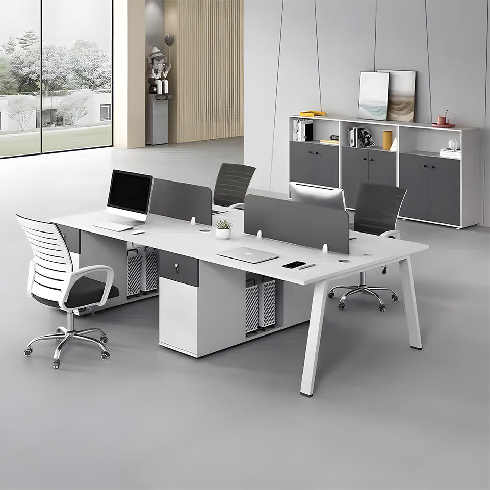 Modular Four-person Office Workstation Desk with Privacy Panel, Hidden Cable Management & Lockable Storage Cabinet for Team Workspaces