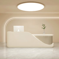 Modern Reception Desk with Dual-level Countertop, Rounded Safety Corners, Silent Keyboard Tray, Custom Logo Option & Spacious Storage Cabinet for Commercial Spaces