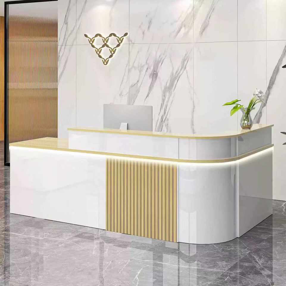 Sophisticated Reception Desk with Dual-level Countertop, Rounded Corners, Silent Keyboard Tray & Lockable Storage Cabinet for Education & Salon Spaces (47-157" L)