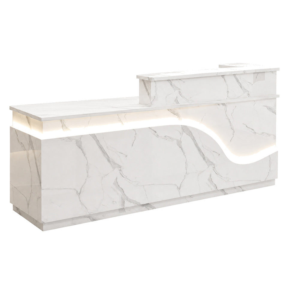 Stylish Reception Desk with Dual-level Countertop, LED Ambient Lighting, Cable Grommet & Lockable Storage Drawer for Commercial Spaces (47–118" L)
