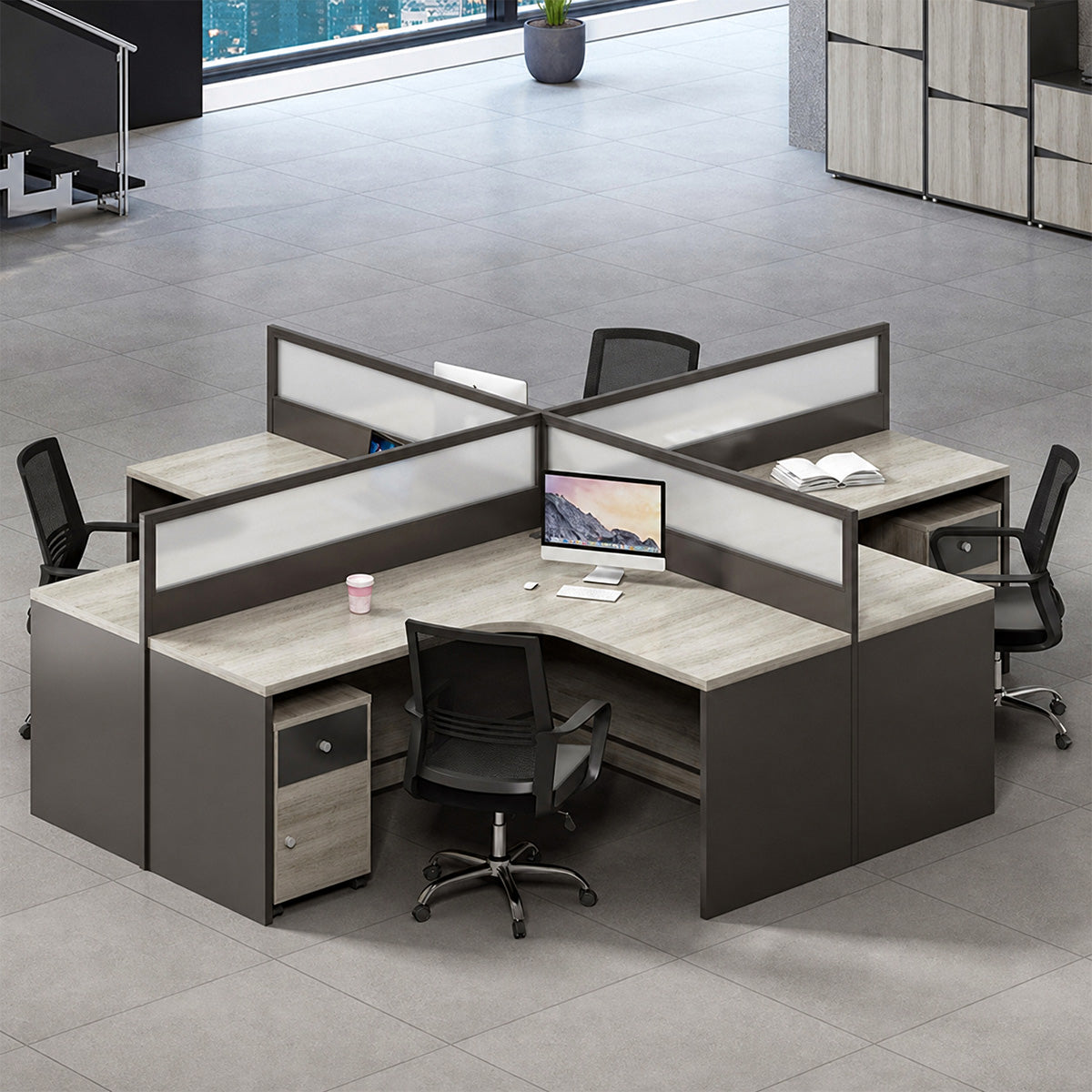 Professional Office Workstation Desk with Privacy Panels, Storage Cabinet & Organized Cable Management