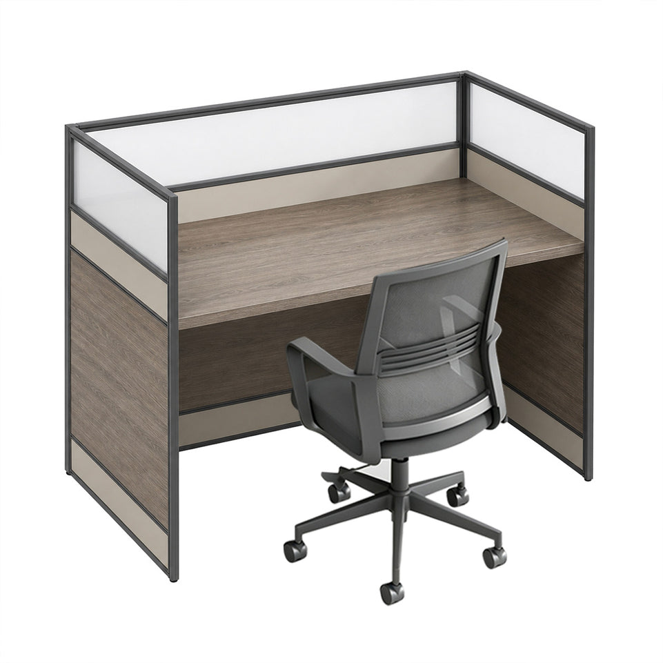 Modern Office Workstation Desk with 1" Thick Desktop, Frosted Privacy Panel, USB Ports & Mobile Pedestal Storage Cabinet