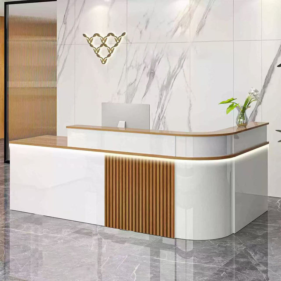 Sophisticated Reception Desk with Dual-level Countertop, Rounded Corners, Silent Keyboard Tray & Lockable Storage Cabinet for Education & Salon Spaces (47-157" L)