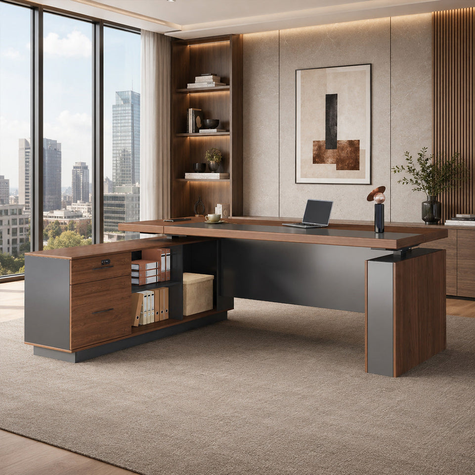Height-Adjustable Executive Desk with Dual Motors, Power Hub, and Locking Storage(Stock Items)